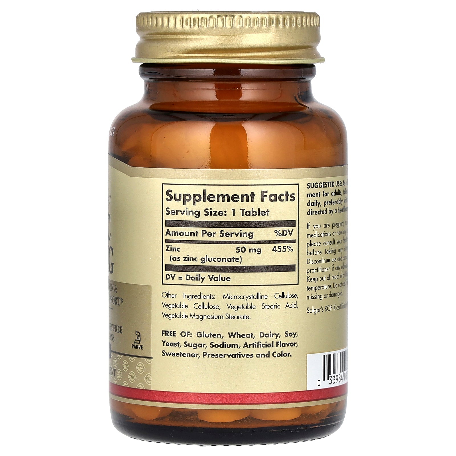 Solgar Zinc 50mg 100ct - supplement facts panel