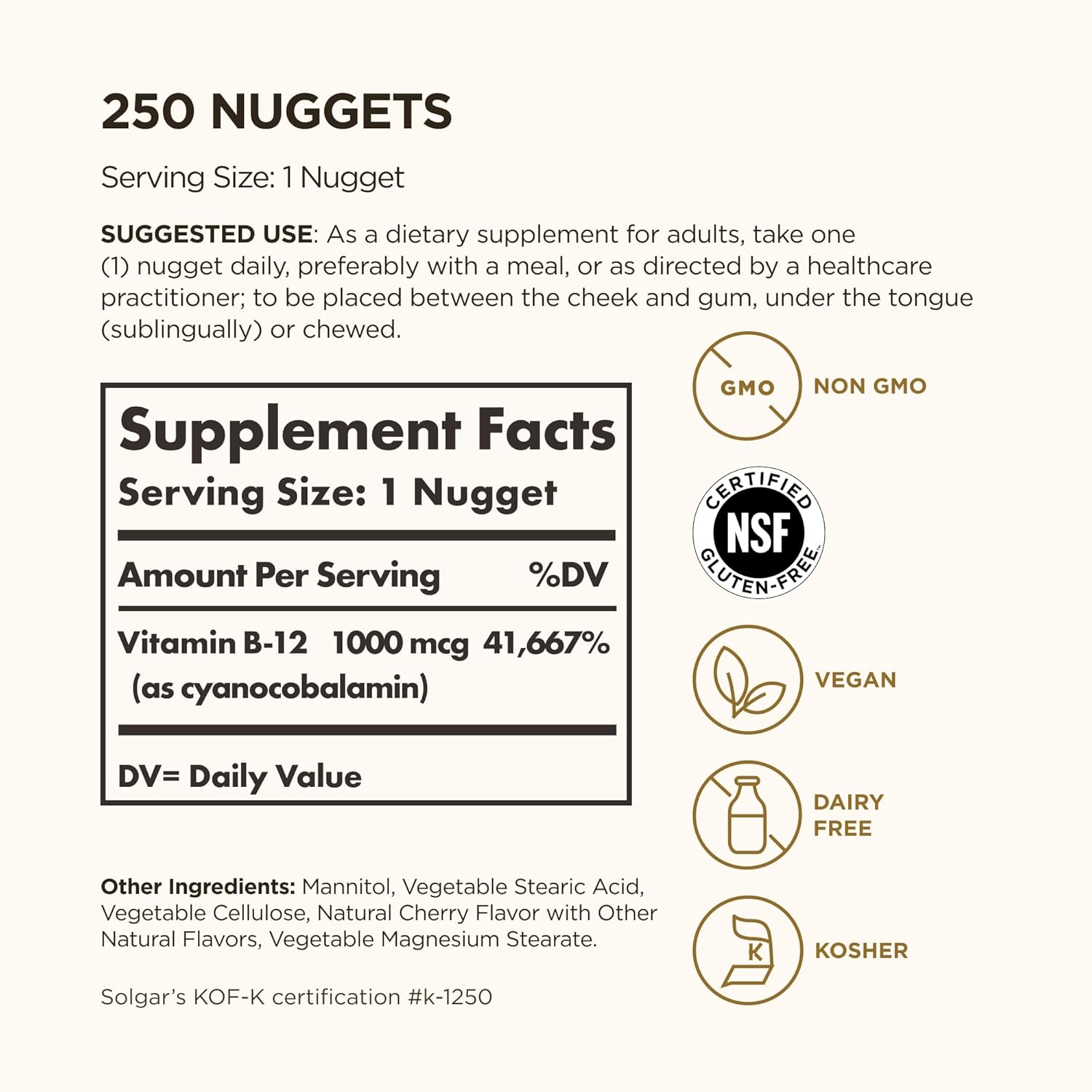 Solgar Sublingual Vitamin B12 1000mcg, 250 Nuggets