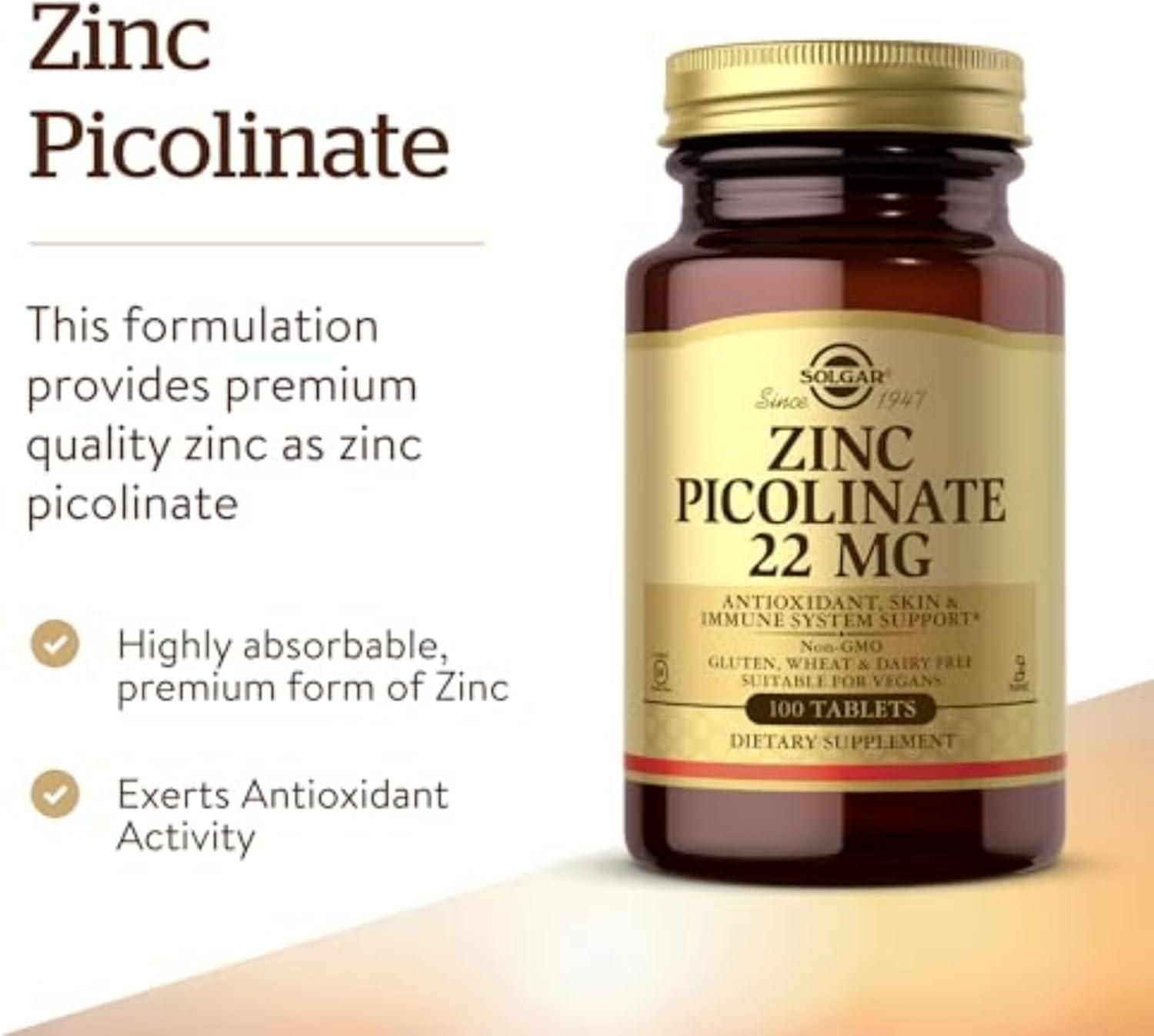 Solgar Zinc Picolinate 22mg, 100 Tablets