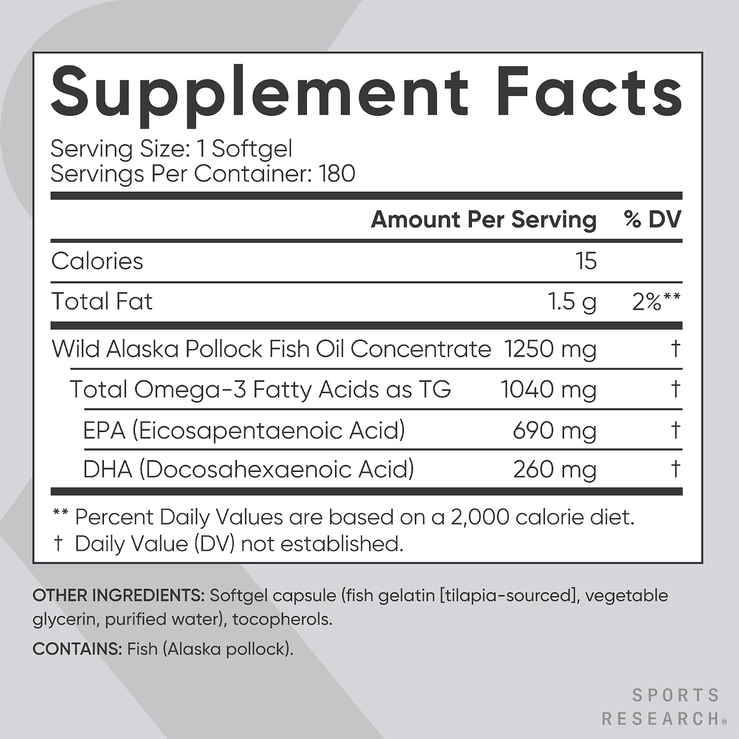 Sports Research Omega-3 Fish Oil Triple Strength 1250mg, 180 Softgels