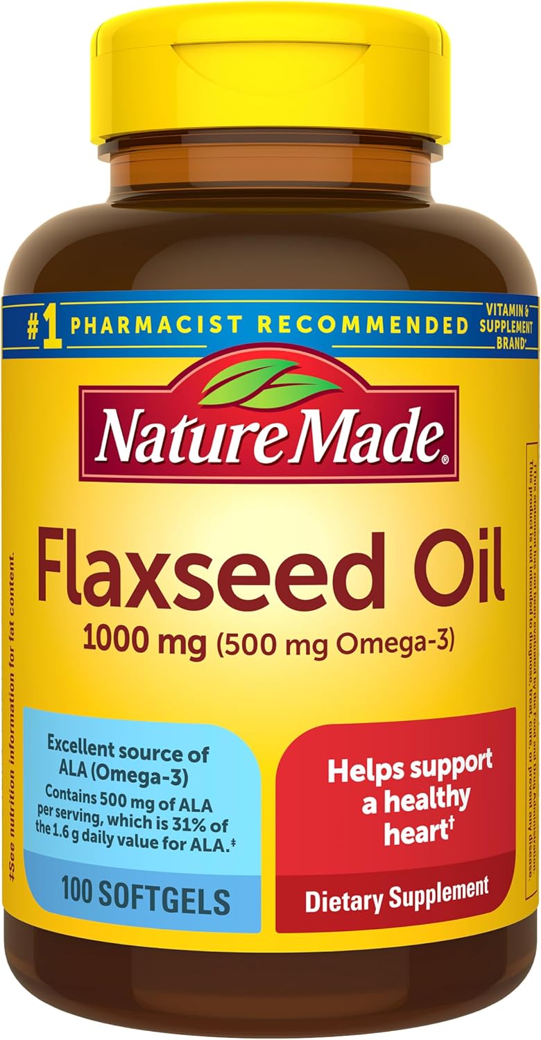 Nature Made Flaxseed Oil 1000mg 100 softgels front of bottle