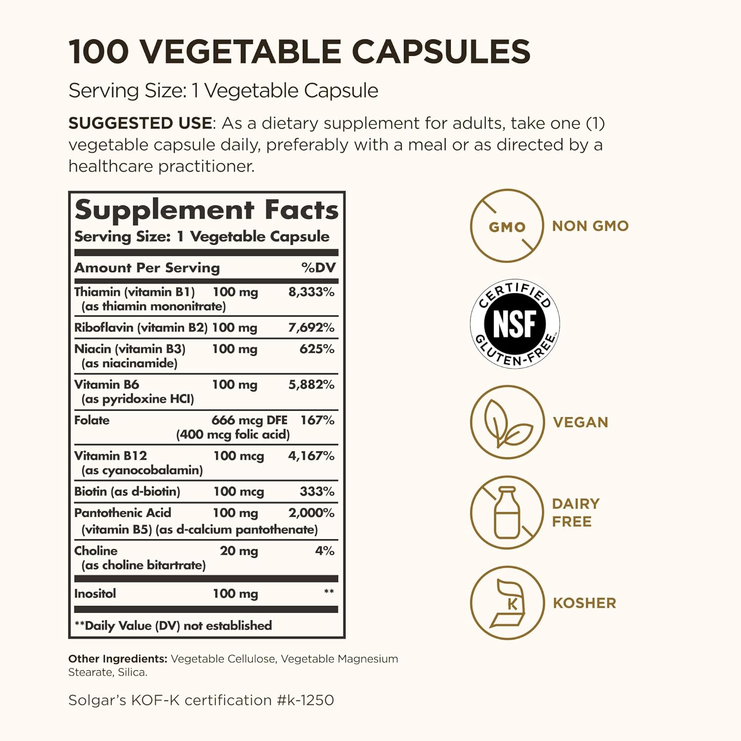 Solgar B Complex 100mg, 100 Vegetable Capsules