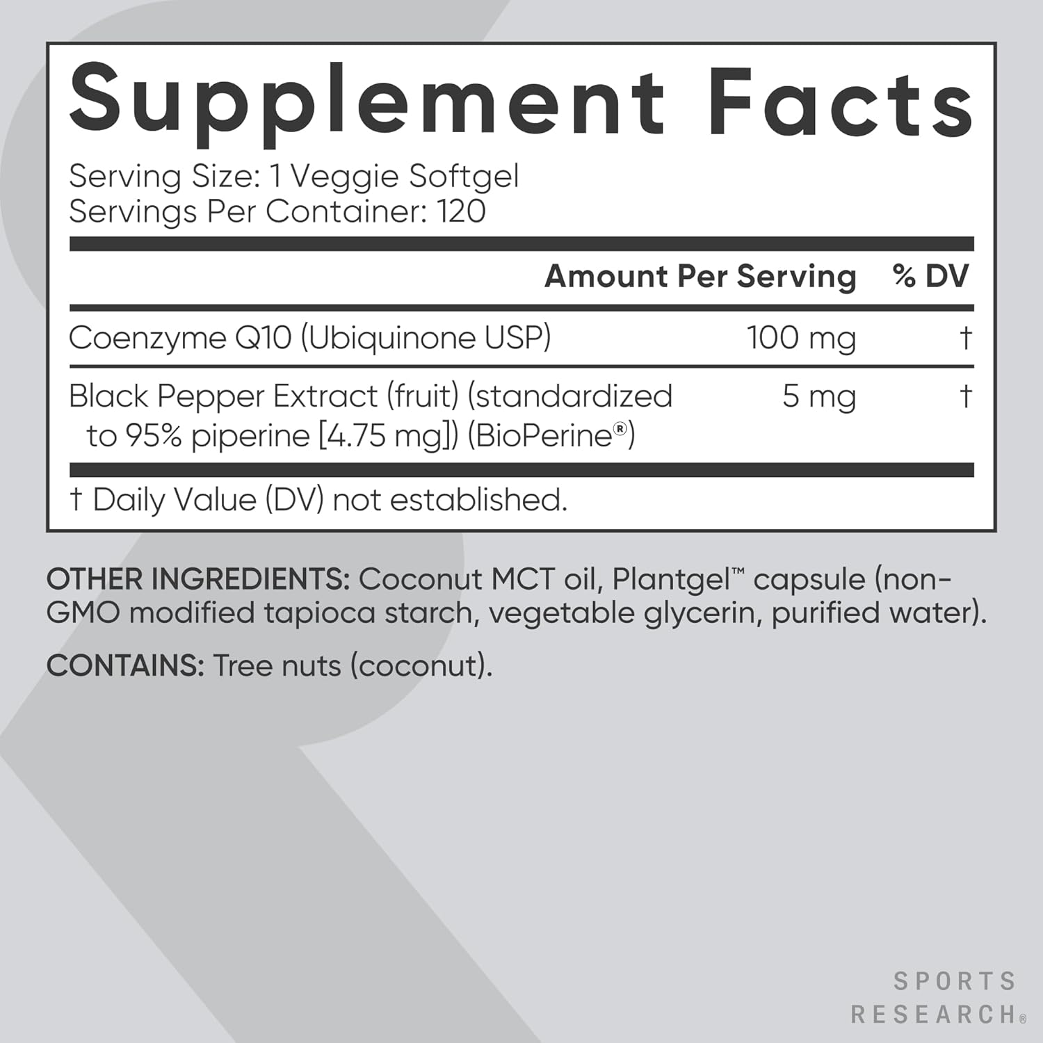 Sports Research CoQ10 100mg with BioPerine and Coconut Oil, 120 Veggie Softgels