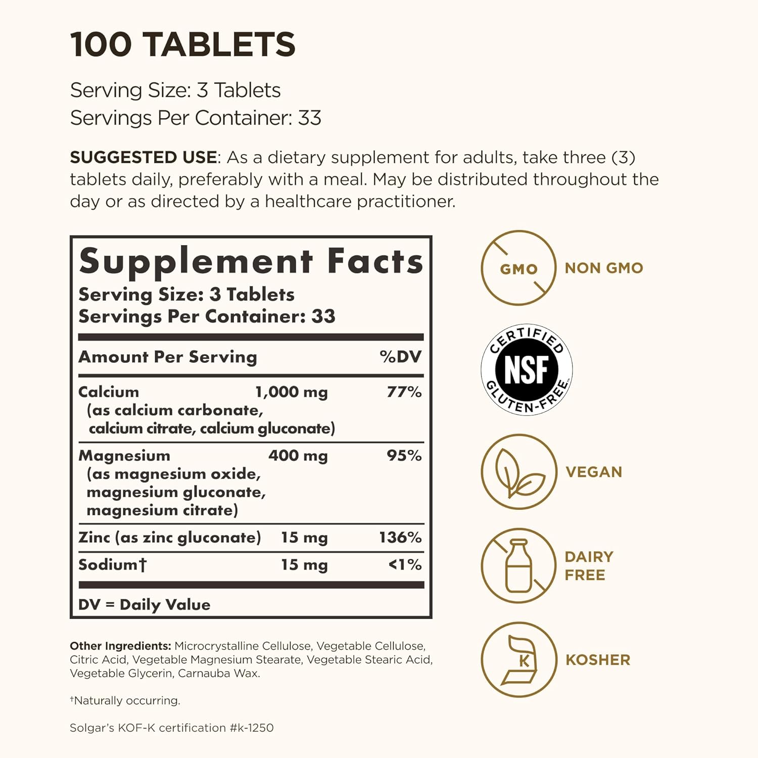 Solgar Calcium Magnesium Zinc, 100 Tablets