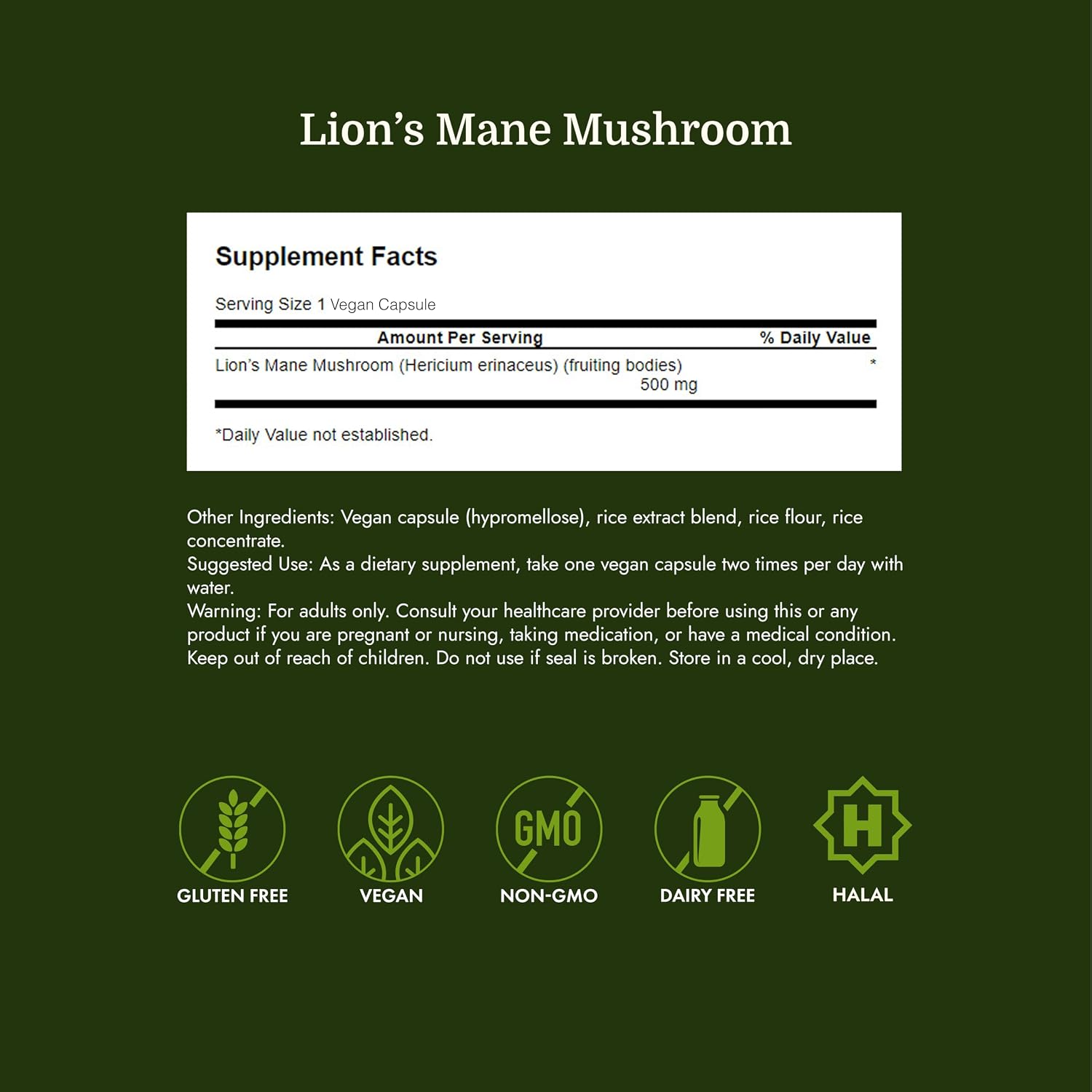 Swanson Lion's Mane Mushroom 500mg, 60 Capsules