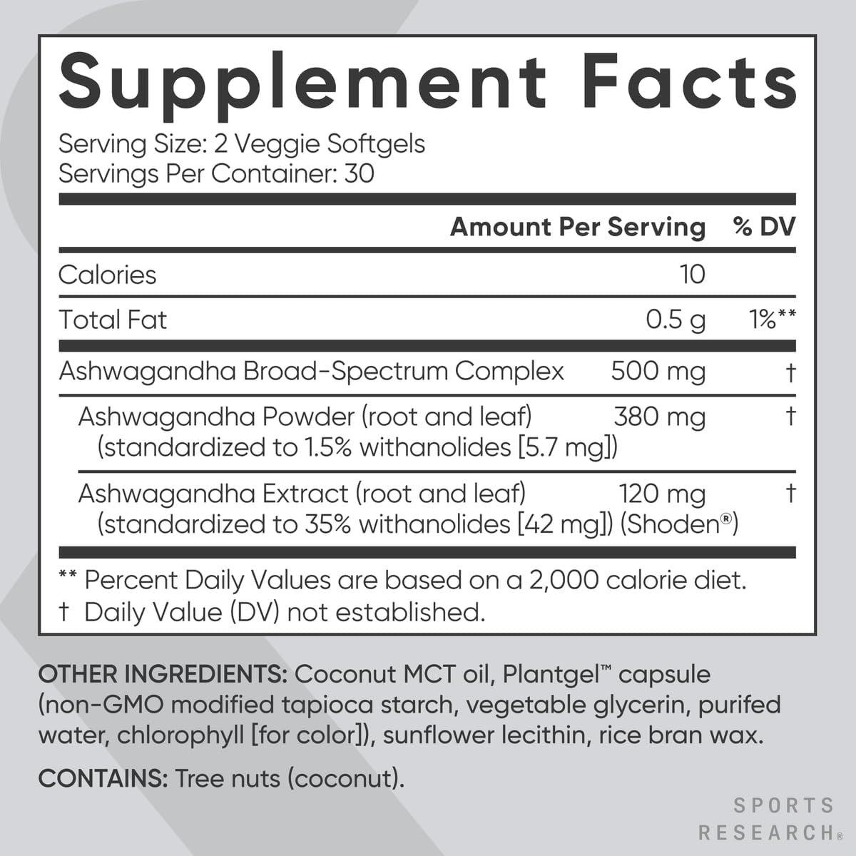 Sports Research Ashwagandha - supplement facts