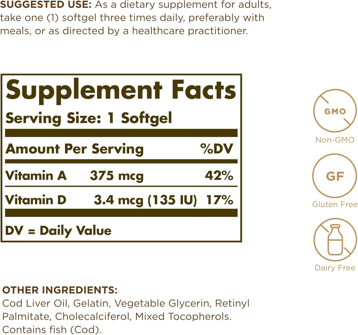 Solgar Cod Liver Oil Vitamin A & D, 250 Softgels