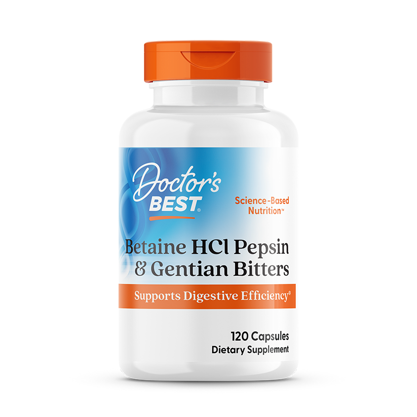 Doctor's Best Betaine HCl Pepsin Gentian Bitters 120ct - front of bottle