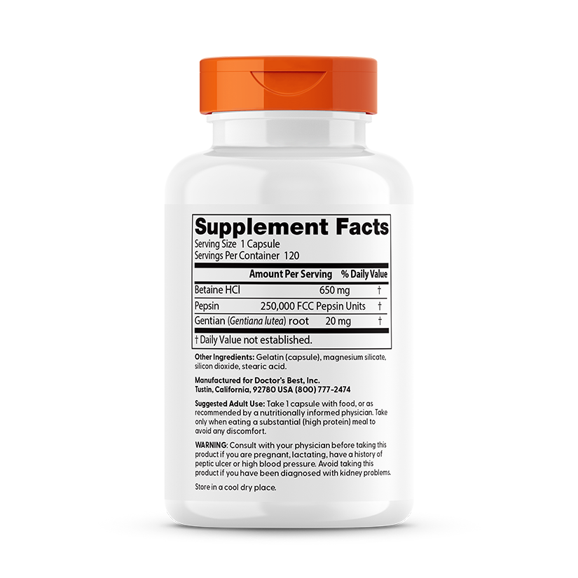 Doctor's Best Betaine HCl Pepsin Gentian Bitters 120ct - back of bottle