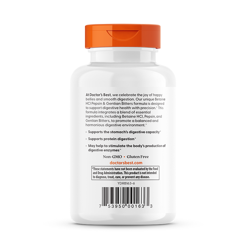 Doctor's Best Betaine HCl Pepsin Gentian Bitters 120ct - supplement facts panel