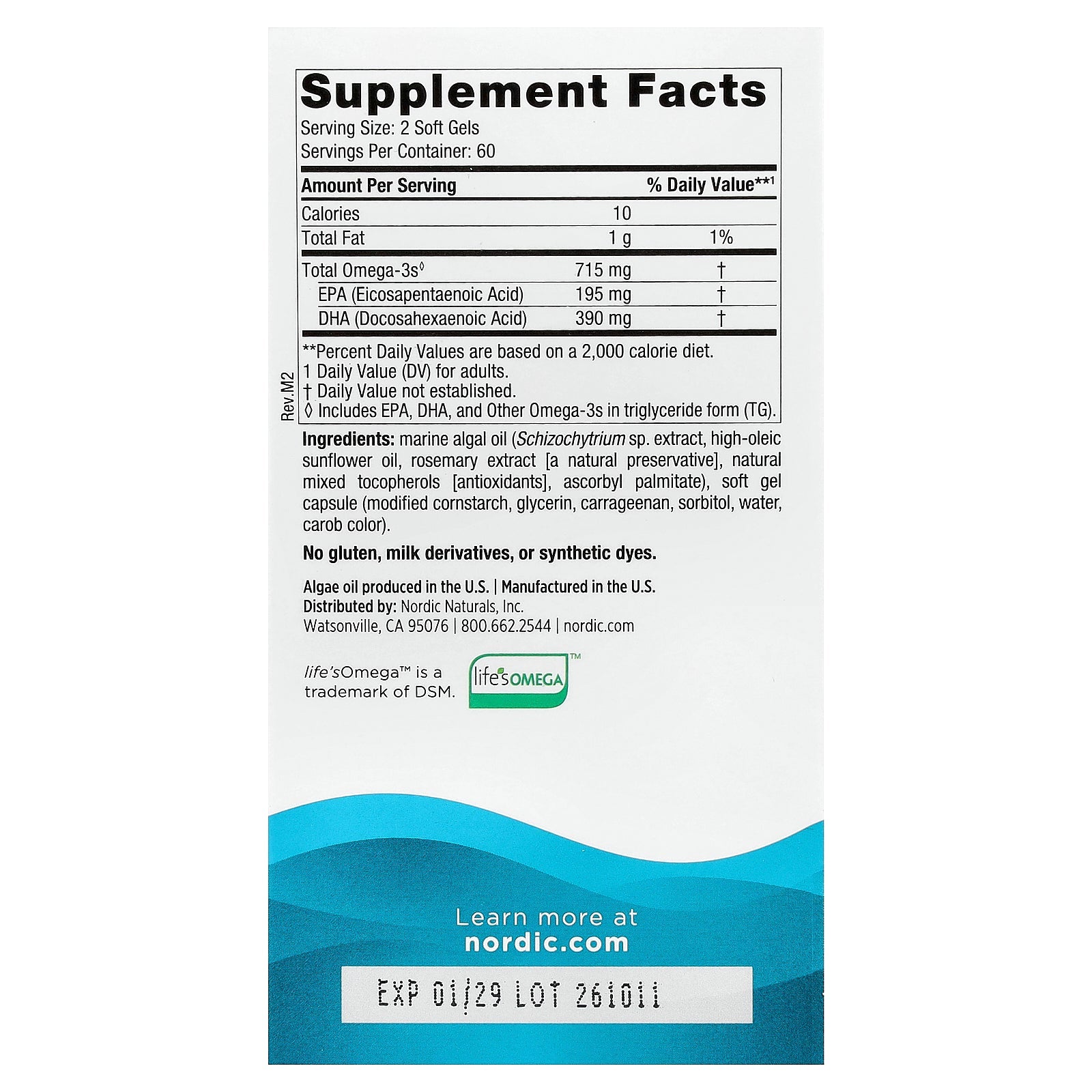 Nordic Naturals Algae Omega 715mg 120ct - back of bottle with supplement facts