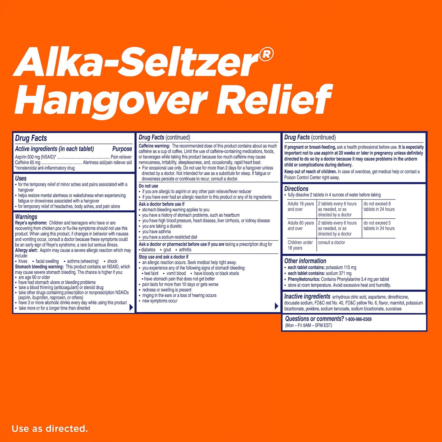 Alka-Seltzer Hangover Relief Effervescent Tablets, Orange Fizz, 20 Count