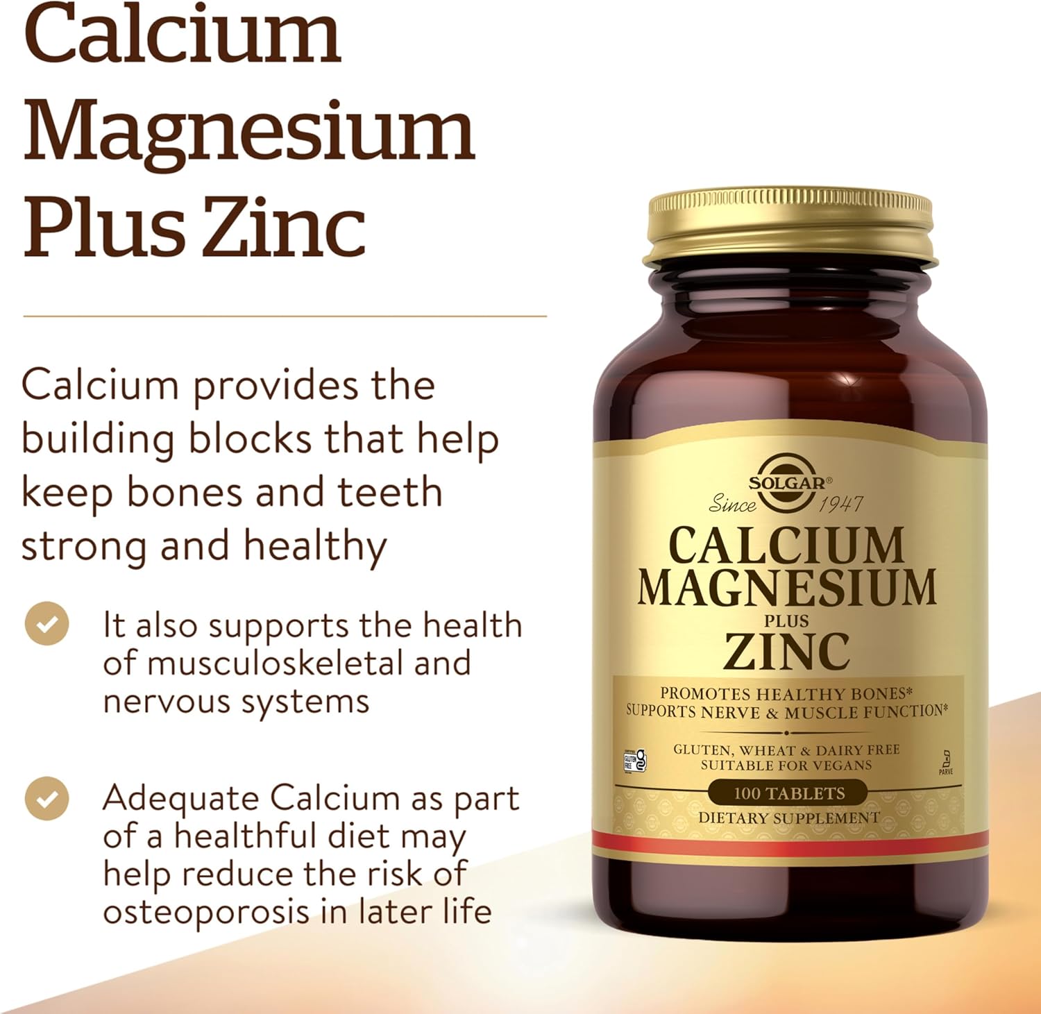 Solgar Calcium Magnesium Zinc, 100 Tablets