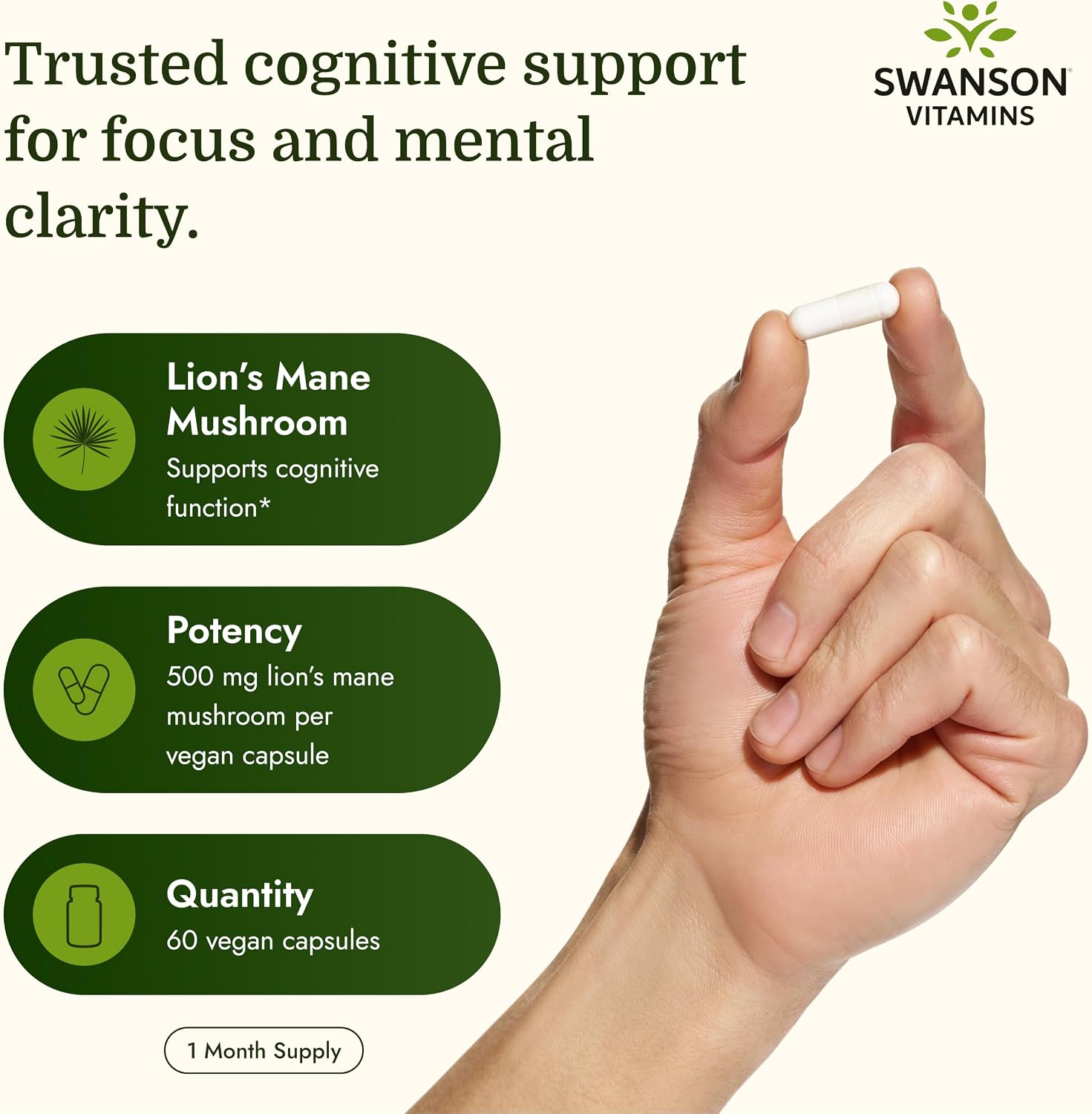 Swanson Lion's Mane Mushroom 500mg, 60 Capsules
