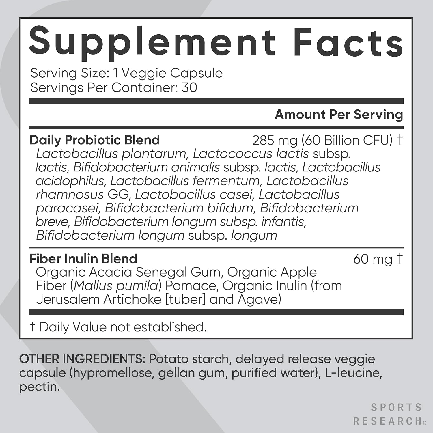 Sports Research Daily Probiotics 60 billion CFU 30 capsules back of bottle