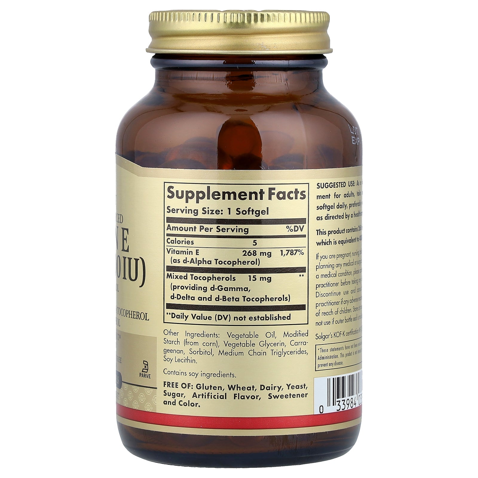 Solgar Vitamin E 400 IU 100ct - supplement facts panel