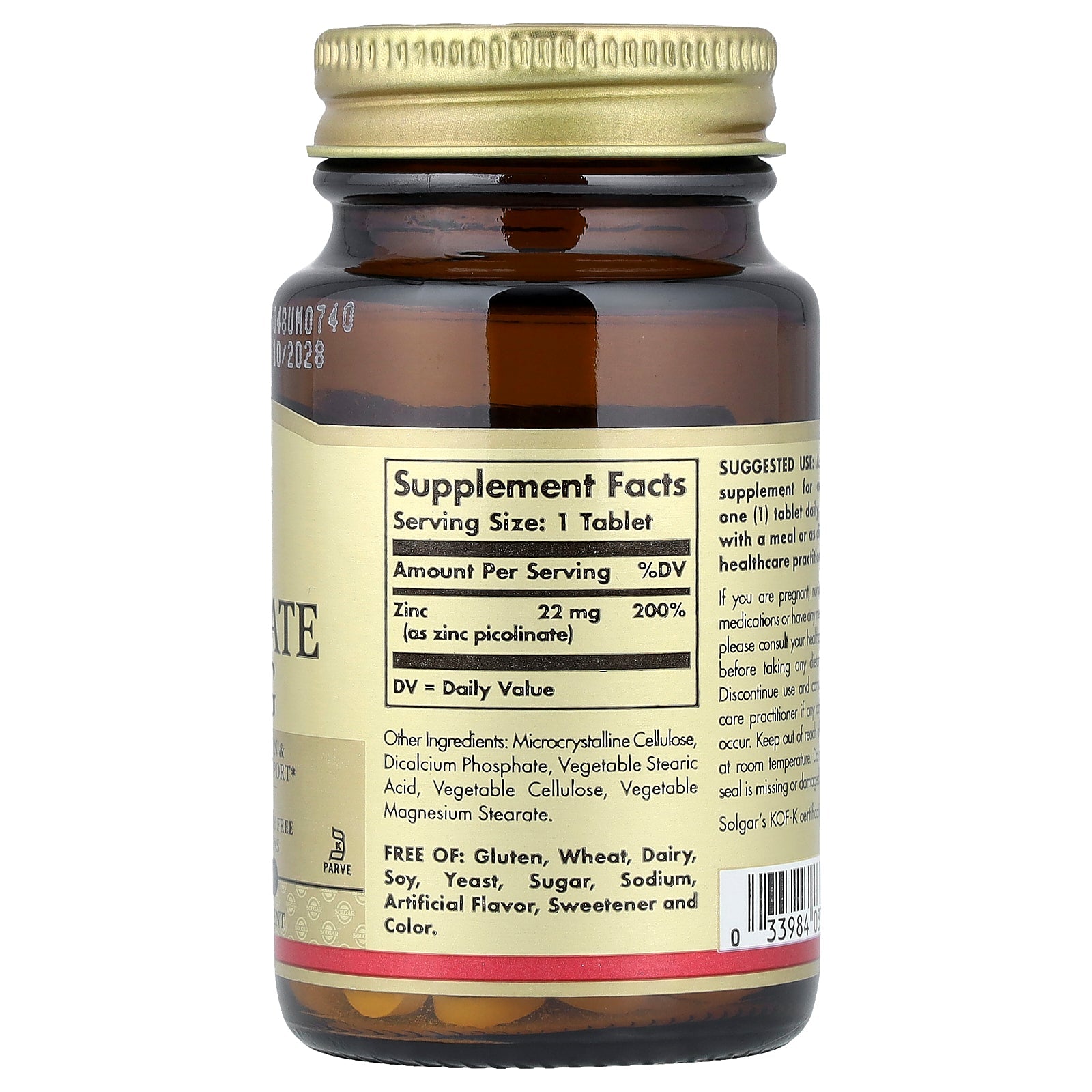 Solgar Zinc Picolinate 22mg 100ct - supplement facts panel