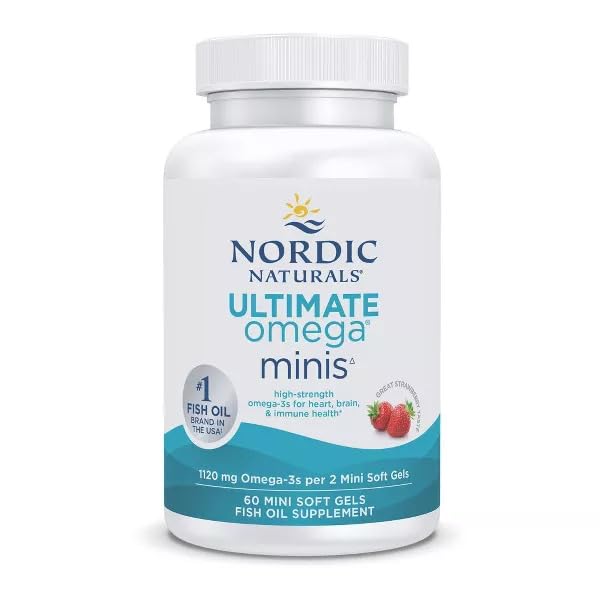 Nordic Naturals Ultimate Omega - Minis 1120 Mg Omega 3 Fish Oil Supplement EPA & DHA | Optimum Wellness & Heart Health | Strawberry Fish Oil For Men And Women | 60 Mini Softgels