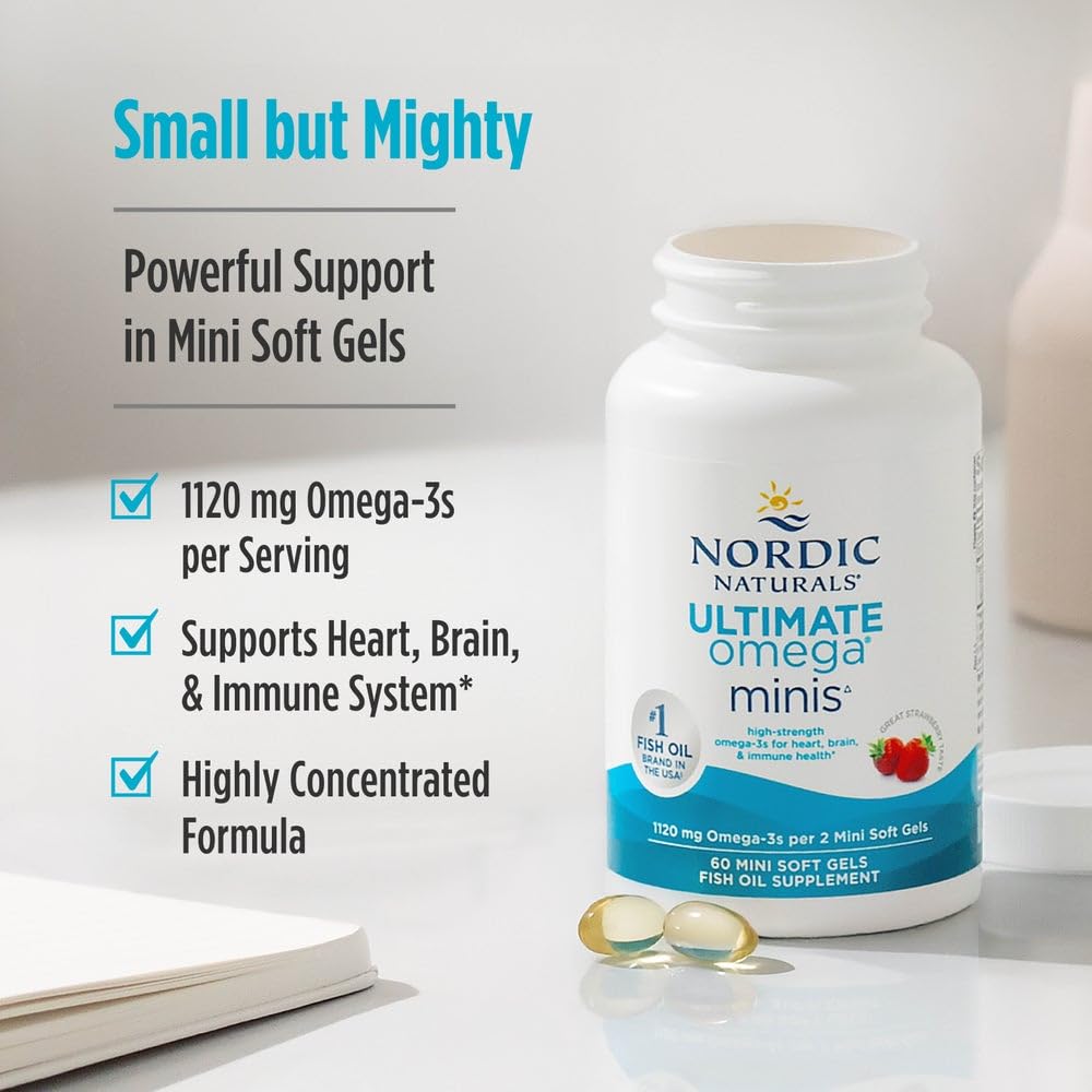 Nordic Naturals Ultimate Omega - Minis 1120 Mg Omega 3 Fish Oil Supplement EPA & DHA | Optimum Wellness & Heart Health | Strawberry Fish Oil For Men And Women | 60 Mini Softgels