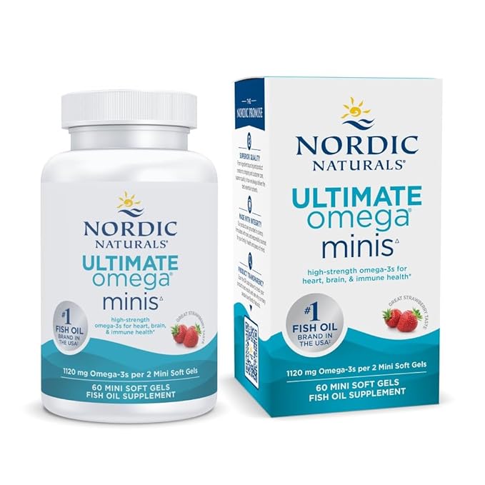 Nordic Naturals Ultimate Omega - Minis 1120 Mg Omega 3 Fish Oil Supplement EPA & DHA | Optimum Wellness & Heart Health | Strawberry Fish Oil For Men And Women | 60 Mini Softgels