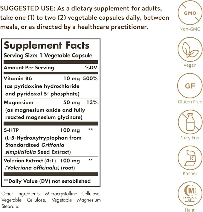 Solgar 5-HTP 100 mg, 90 Vegetable Capsules - Promotes Relaxation - Positive Mood & Stress Support - Non-GMO, Vegan, Gluten Free, Dairy Free, Kosher, Halal - 90 Servings