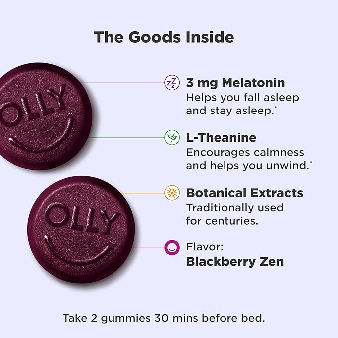OLLY Restful Sleep Gummy Supplements, Blackberry Zen, 50 Count