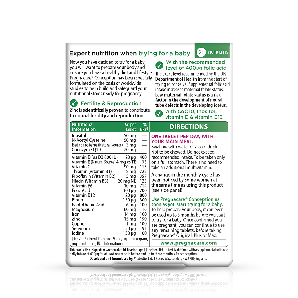 Pregnacare Before Conception 30ct - back of pack