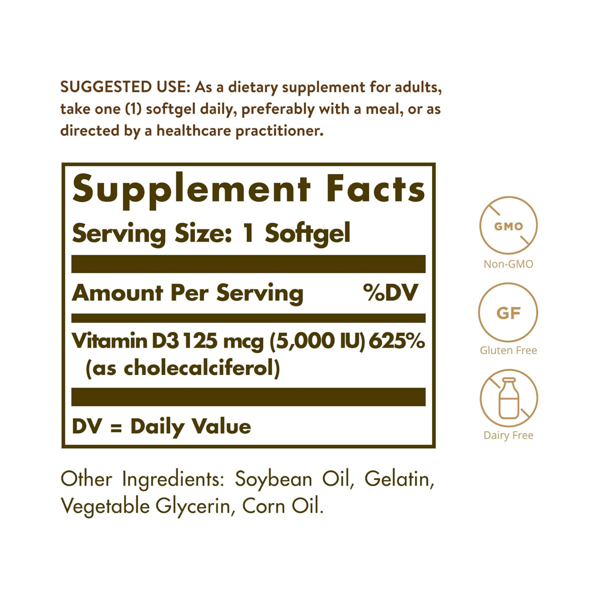 Solgar Vitamin D3 125mcg (5000 IU), 100 Softgels