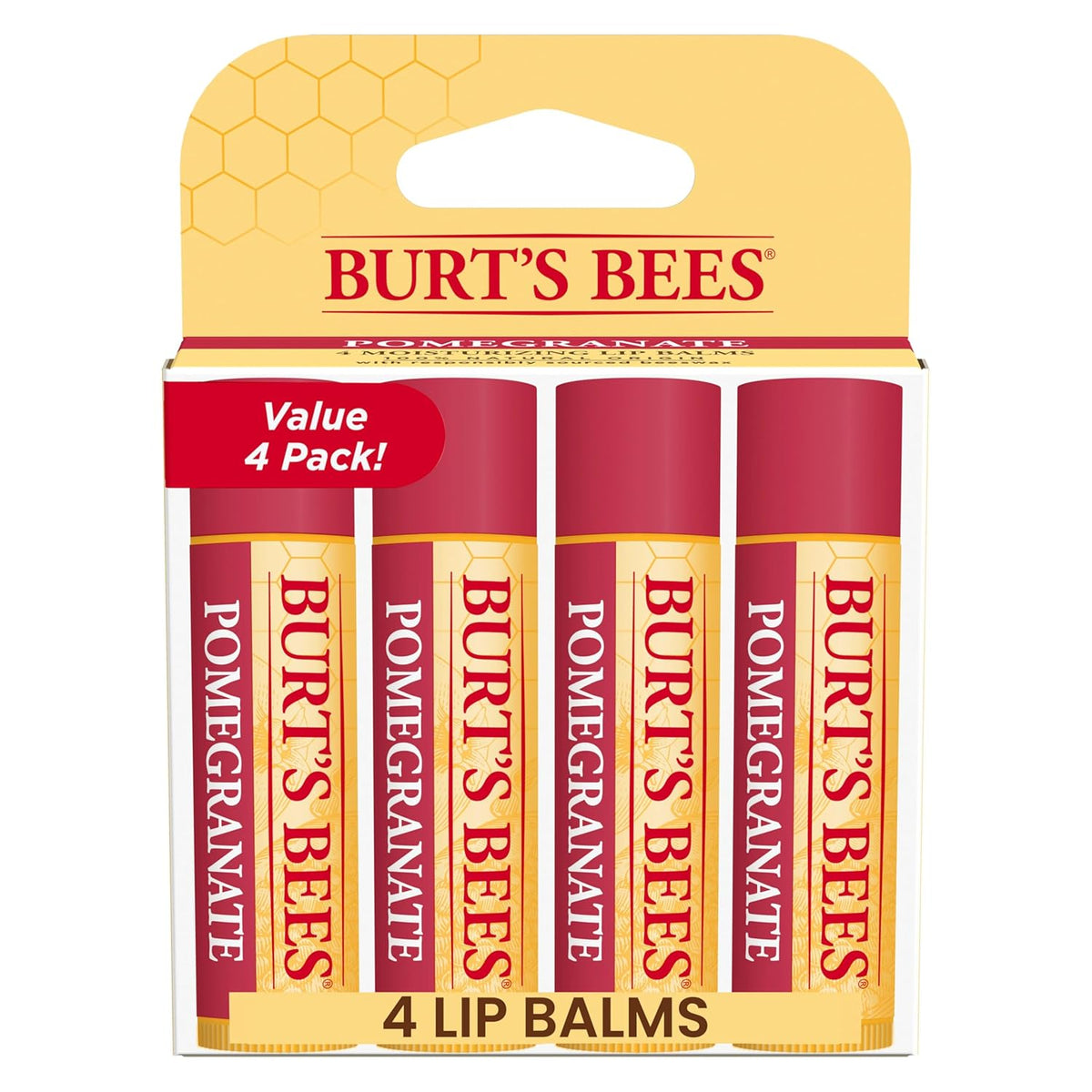 Burt's Bees 100% Natural Moisturizing Lip Balm, Pomegranate, 4 pcs