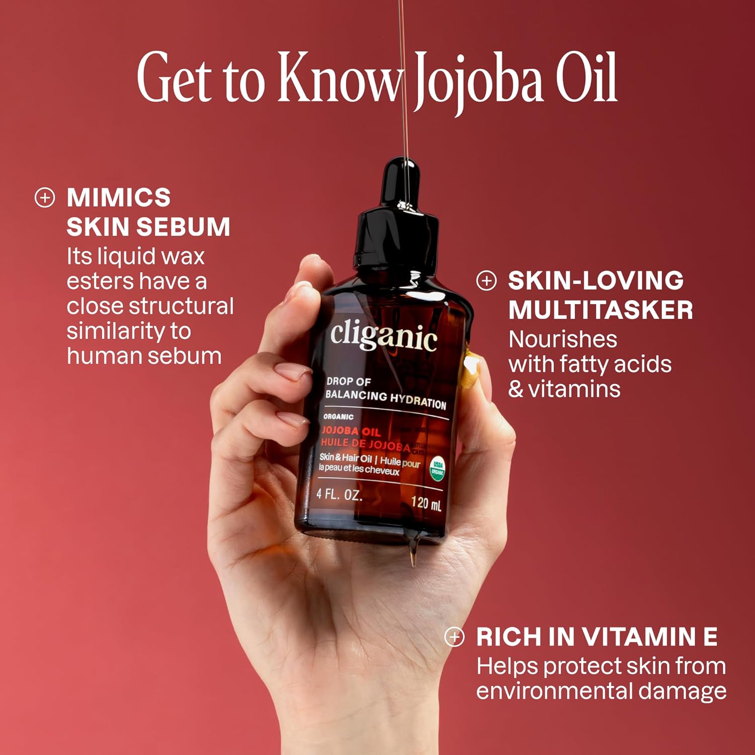 Cliganic USDA Organic Jojoba Oil, 100% Pure (4oz Large) | Natural Cold Pressed Unrefined Hexane Free Oil for Hair & Face