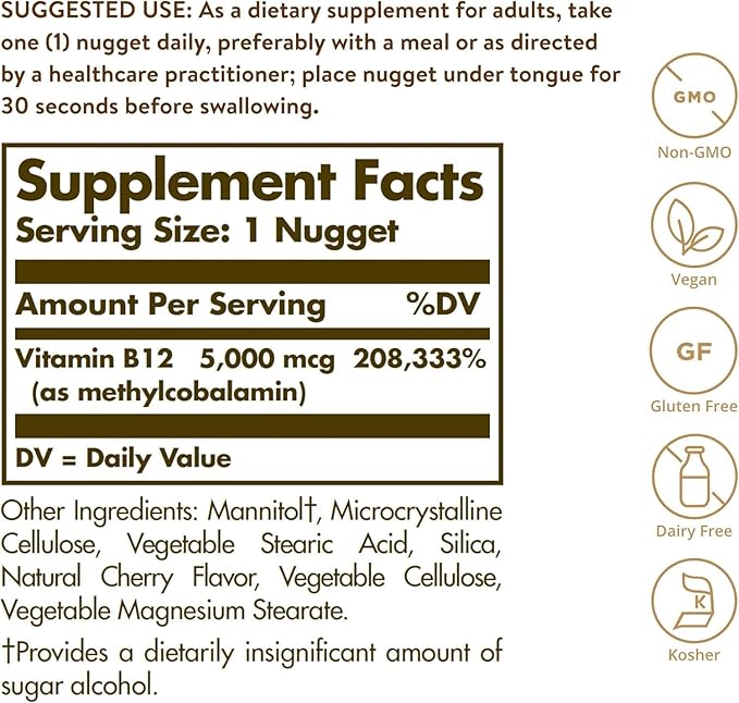 Solgar Methylcobalamin Vitamin B12 - Supports Energy, Active B12 Form, Non-GMO, Vegan, Gluten & Dairy Free - 60 Count