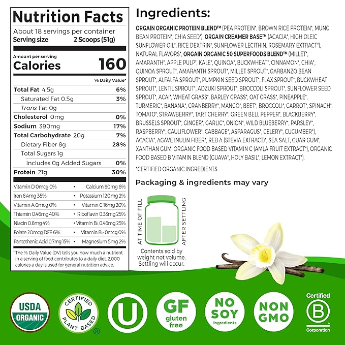 Orgain® Organic Protein™ + 50 Superfoods Protein Powder Vanilla Bean Flavored • Vegan • No Soy Ingredients • Gluten Free • Non-GMO, 2.02 lb ℮ 920 g