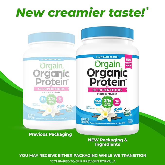 Orgain® Organic Protein™ + 50 Superfoods Protein Powder Vanilla Bean Flavored • Vegan • No Soy Ingredients • Gluten Free • Non-GMO, 2.02 lb ℮ 920 g