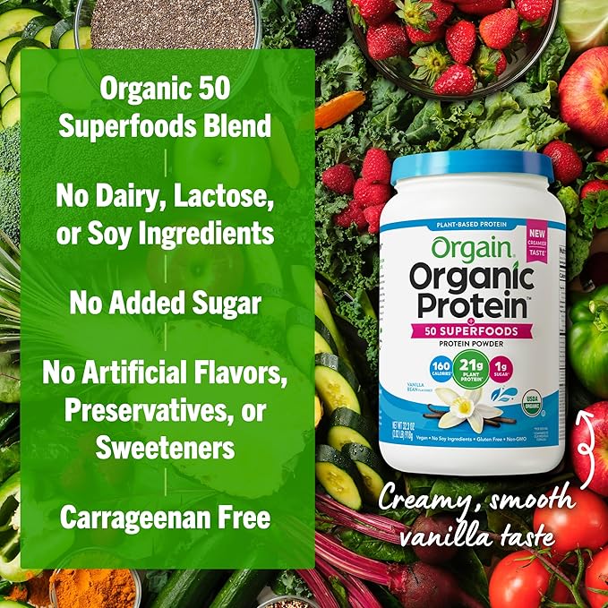 Orgain® Organic Protein™ + 50 Superfoods Protein Powder Vanilla Bean Flavored • Vegan • No Soy Ingredients • Gluten Free • Non-GMO, 2.02 lb ℮ 920 g