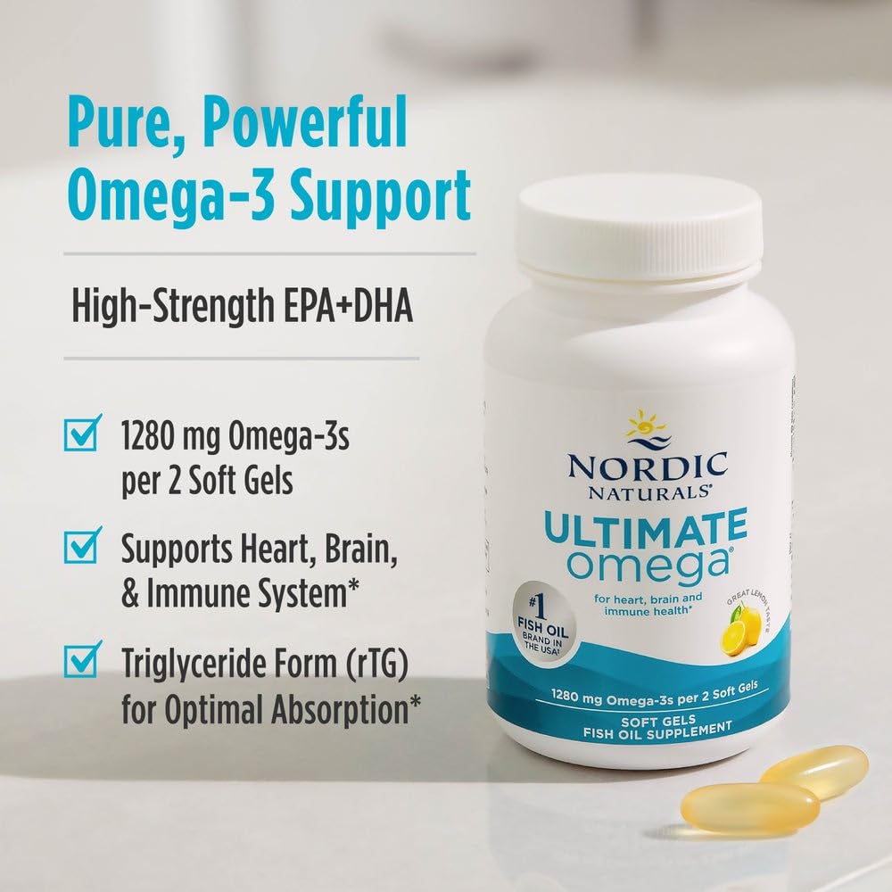 Nordic Naturals Ultimate Omega 3 Fish Oil Softgels | 1280 Mg Omega 3 Fatty Acids | High-Potency Fish Oil Omega 3 Supplement For Men And Women With EPA & DHA | Fish Oil Lemon Flavour 60 Softgels