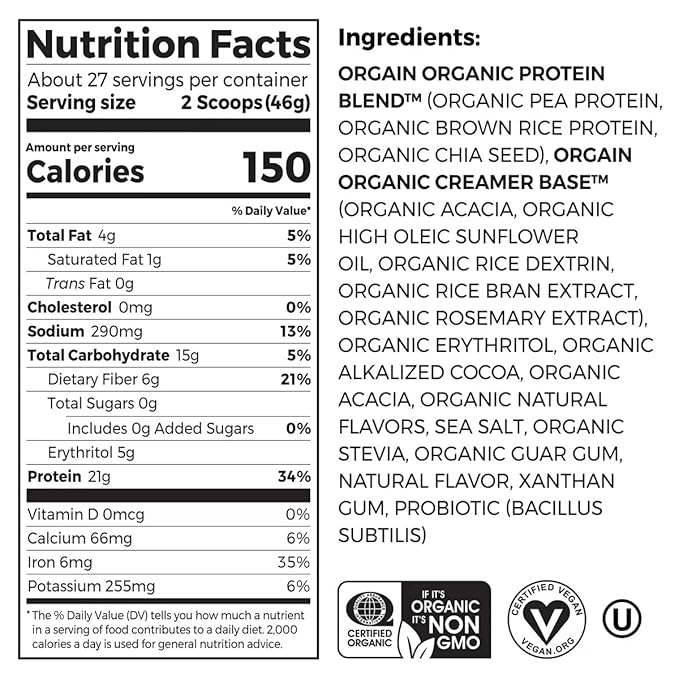 Orgain Organic Plant Based Protein Powder, Creamy Chocolate Fudge, 2.74 Pound, Packaging May Vary
