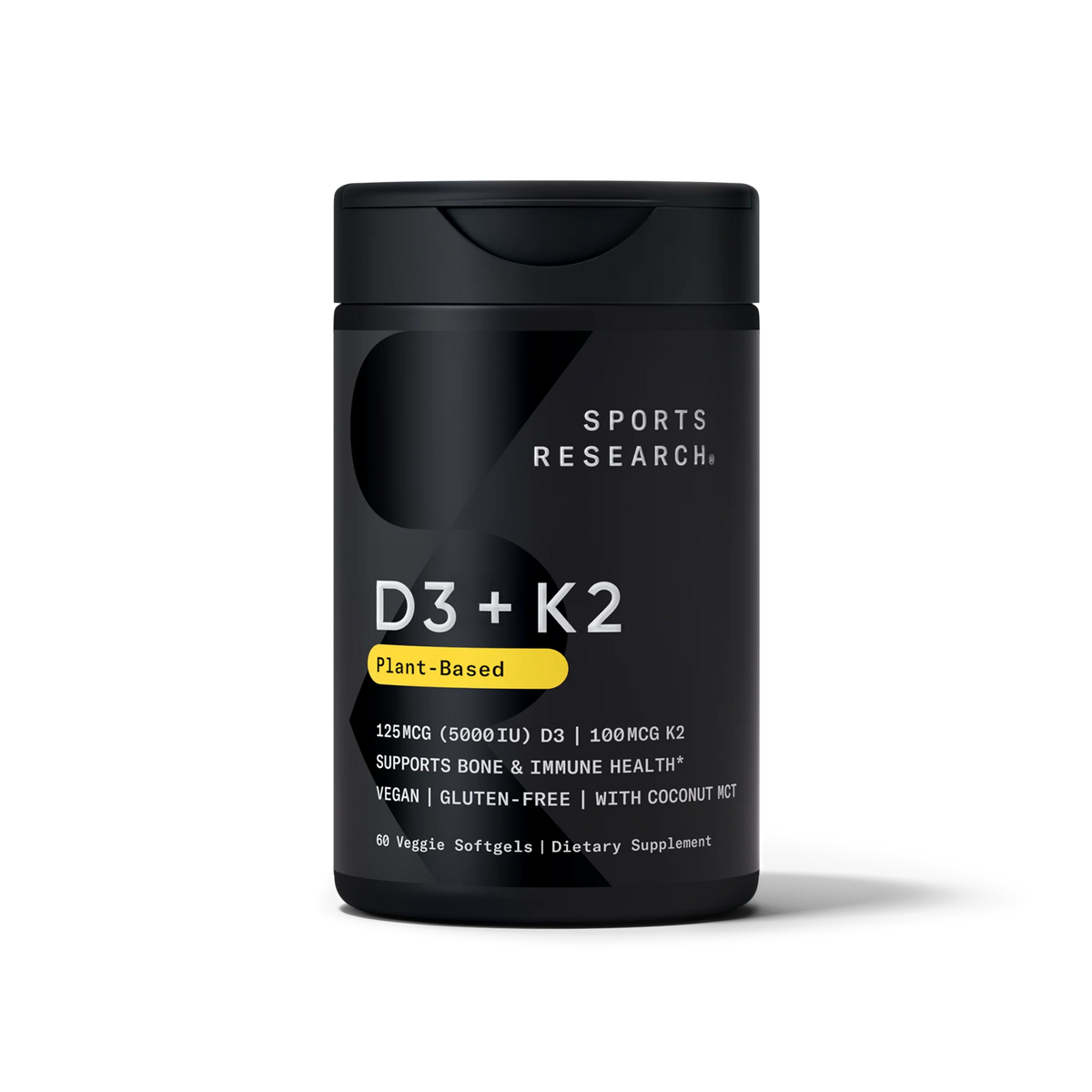 Sports Research Vitamin D3 + K2 with 5000iu Vegan D3 and 100mcg Vitamin K2 as MK-7, 60 Liquid Softgels