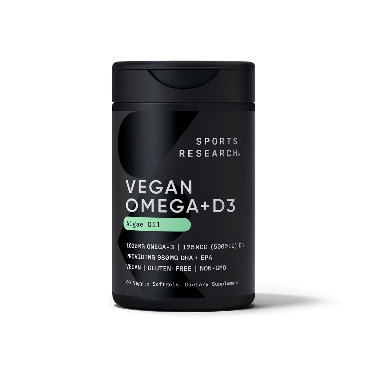 Sports Research Vegan Omega+D3 60 Softgels - front of bottle