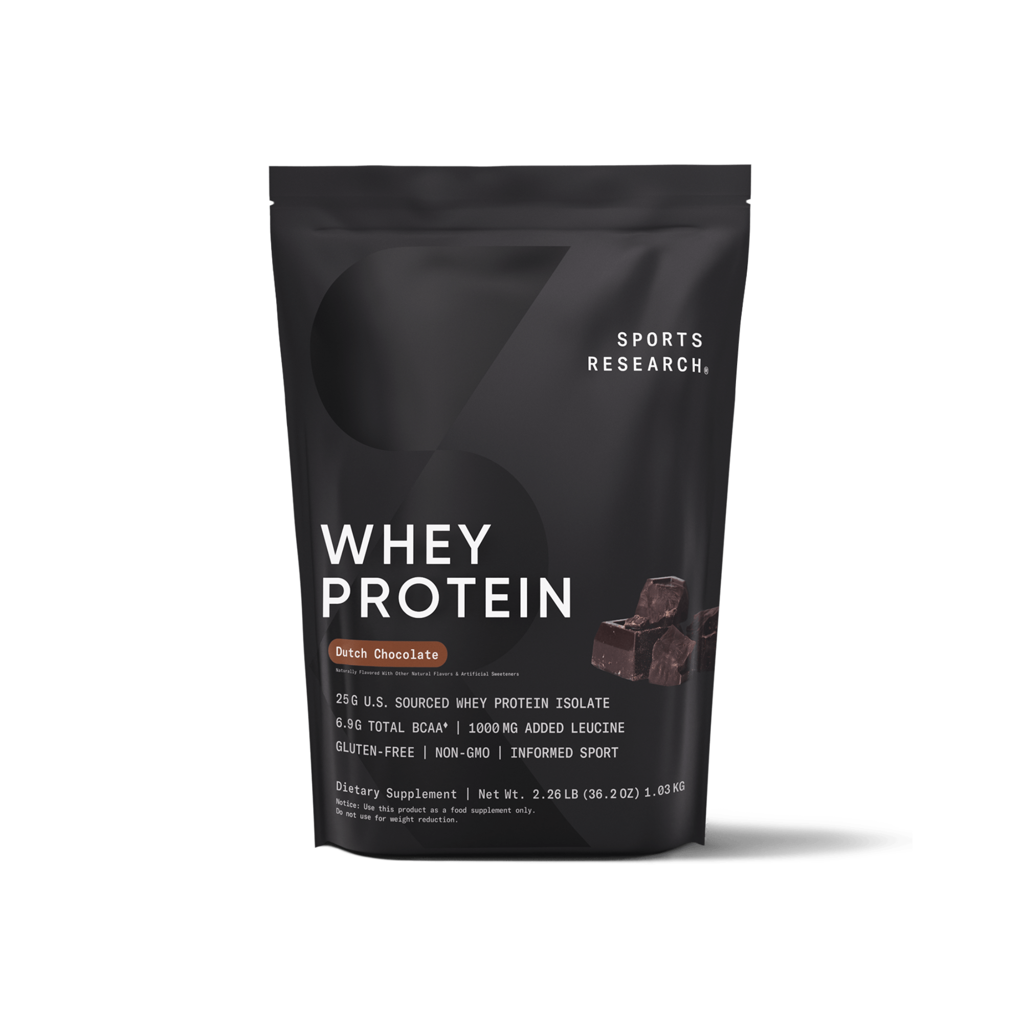 Sports Research Whey Protein Isolate Dutch Chocolate 36.2oz - front of container