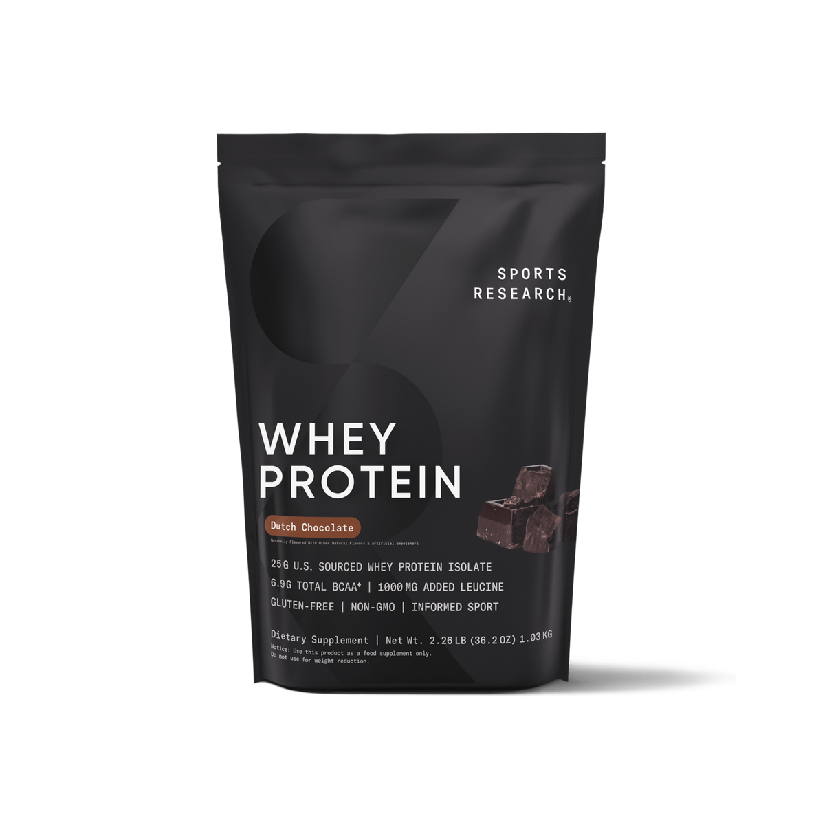 Sports Research Whey Protein Isolate Dutch Chocolate 36.2oz - front of container