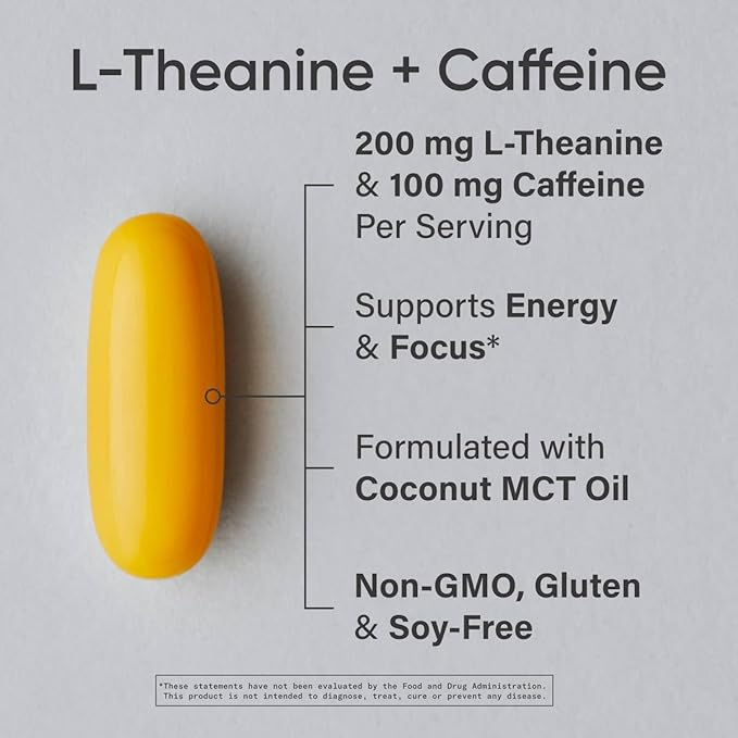 Sports Research L-Theanine & Caffeine With Coconut Mct Oil ~ Nootropic Supplement For Focused Energy ~ Keto Certified & Non-Gmo Verified (60 Softgels) : L-Theanine