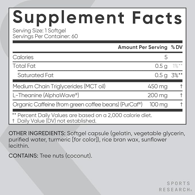 Sports Research L-Theanine & Caffeine With Coconut Mct Oil ~ Nootropic Supplement For Focused Energy ~ Keto Certified & Non-Gmo Verified (60 Softgels) : L-Theanine