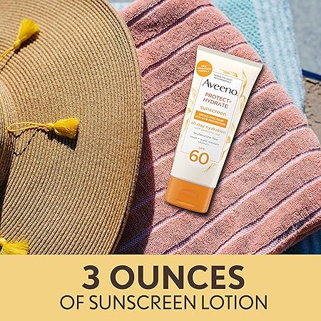Aveeno Protect + Hydrate Moisturizing Body Sunscreen Lotion With Broad Spectrum Spf 60 & Prebiotic Oat, Weightless & Refreshing Feel, Paraben-free, Oil-free, Oxybenzone-free, 3.0 ounces